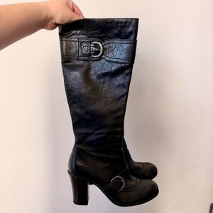 Y2K Buckle Knee-High Heeled Boots Black Leather Zip Born Alika Women's US 8.5